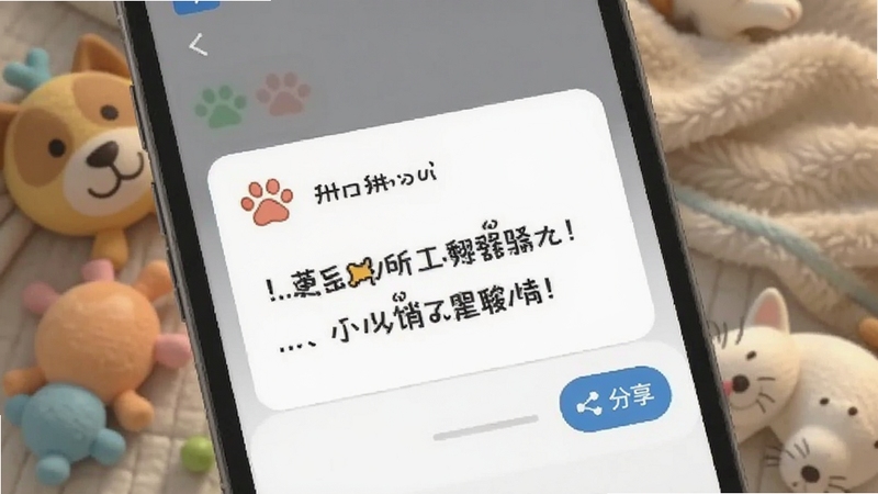 手机屏幕特写,显示猫狗人交流翻译器的翻译结果卡片,卡片上有猫爪图标和搞笑文字,旁边有分享按钮,背景是模糊的宠物玩具和毛毯,整体风格可爱清新,适合Boogu模型生成