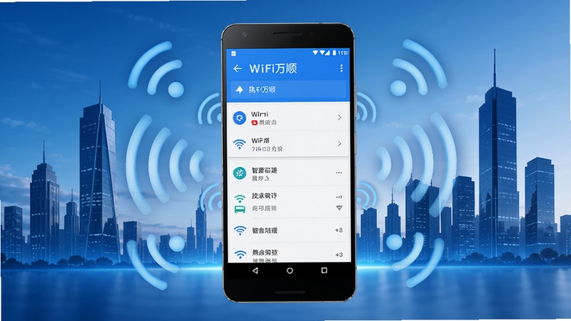 WiFi��˳Կ���ܱ��ȵ����ܷ��ֹ���չʾͼ��������һ����׿�ֻ���ʾ�ȵ��б����棬��Χ�����Ŵ��������źŵĲ���ͼ�꣬����Ϊ�ִ�����¥���Ӱ��ɫ��������Ϊ����ͻ���Ƽ�����ʵ����