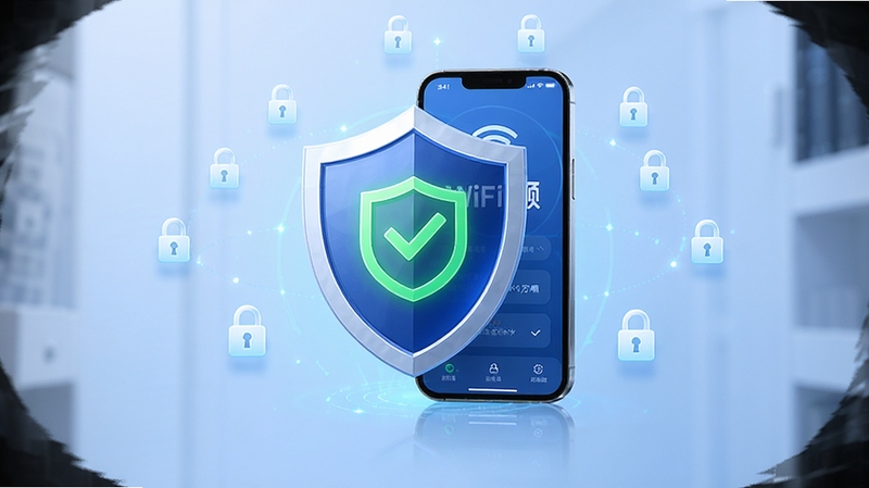 WiFi��˳Կ�װ�ȫ����������ʾ����չʾͼ����������Ϊ����ͼ�����ֻ������ϣ���������ʾ��ɫ��ȫ��ʶ������Ϊ����ɫ���䣬��Χ��ϸС����ͼ�껷�ƣ�ͻ����ȫ��������