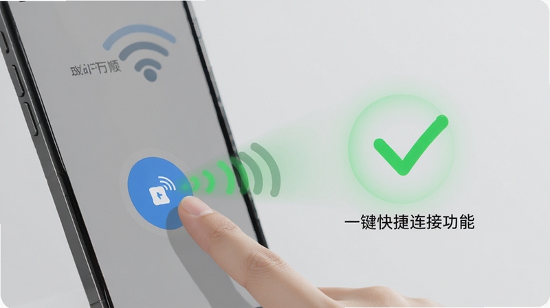 WiFi��˳Կ��һ��������ӹ���ʾ��ͼ������չʾ��ָ�ᴥ�ֻ���Ļ�ϵ����Ӱ�ť���漴���ֳɹ����ӵ���ɫ�Թ�����������Ϊ��͵�ǳ��ɫ��ͻ����������뼴ʱ����