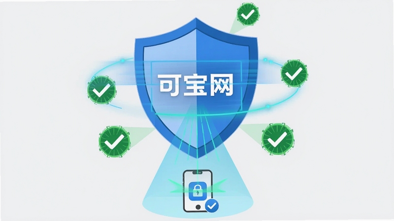 可宝网安全检测机制示意图,画面中央为盾牌形状的安全图标,盾牌内部显示可宝网标志,盾牌周围环绕扫描光线与绿色对勾标识,背景为浅灰色简约风格,底部有手机应用安装包图标被扫描光笼罩,体现安全检测与防护概念,高清扁平化设计