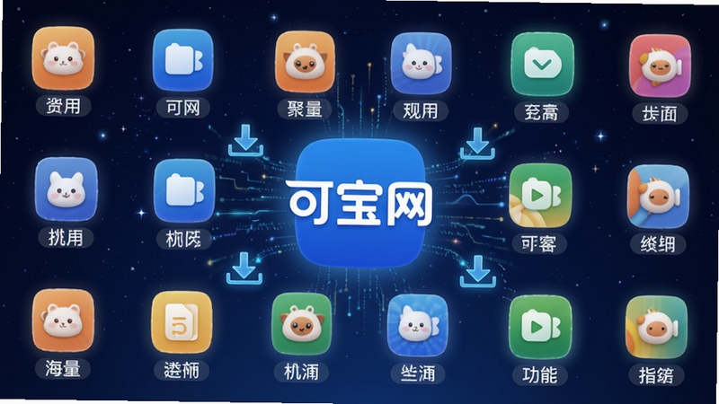 可宝网海量应用聚合功能展示,画面主体为悬浮在空中的多层应用图标矩阵,每个图标下方带有分类标签,背景为深蓝色星空渐变,图标发出柔和光芒,画面中央突出可宝网标志,周围环绕下载箭头与数据流线条,体现资源丰富与聚合概念,高清渲染风格