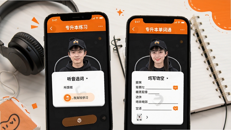 专升本单词通多模式练习界面,手机屏幕展示听音选词与拼写填空两个练习场景,背景为耳机与笔记本,活泼橙色点缀,体现多样化学习方式