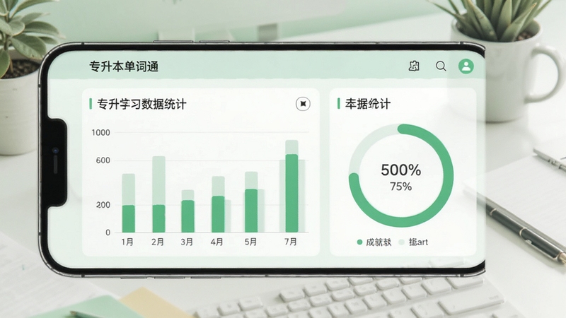 专升本单词通学习数据统计页面,手机屏幕显示柱状图与环形进度图,背景为简约办公桌面,浅绿色调,突出数据可视化与学习成就感