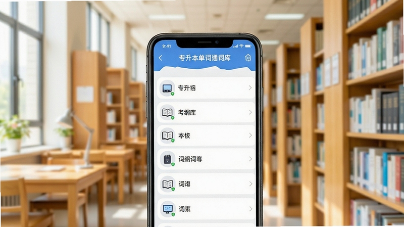 专升本单词通词库选择界面,手机屏幕显示多个省份词库列表,背景为图书馆书架,明亮清新风格,强调词汇分类与考纲覆盖