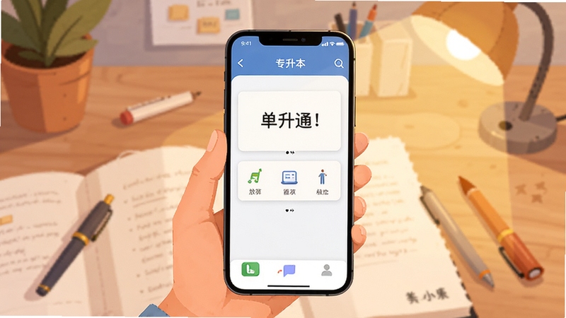 专升本单词通软件主界面展示,画面中央为手机屏幕显示单词卡片学习界面,背景为书桌与文具,柔和暖光,扁平插画风格,突出学习氛围