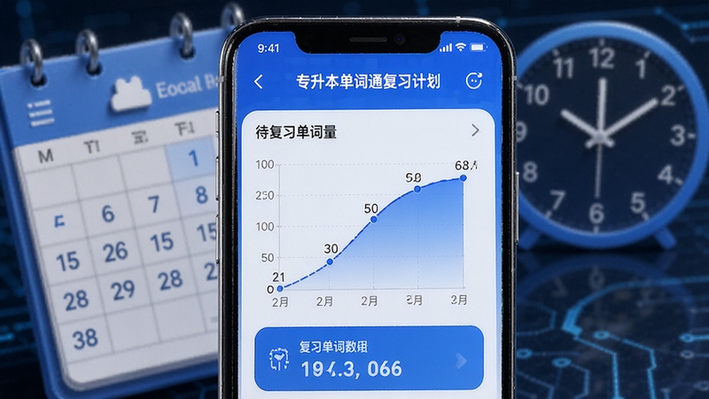 专升本单词通复习计划界面,手机屏幕显示记忆曲线图表与待复习单词数量,背景为日历与时钟元素,科技感蓝色调,突出智能算法与时间管理