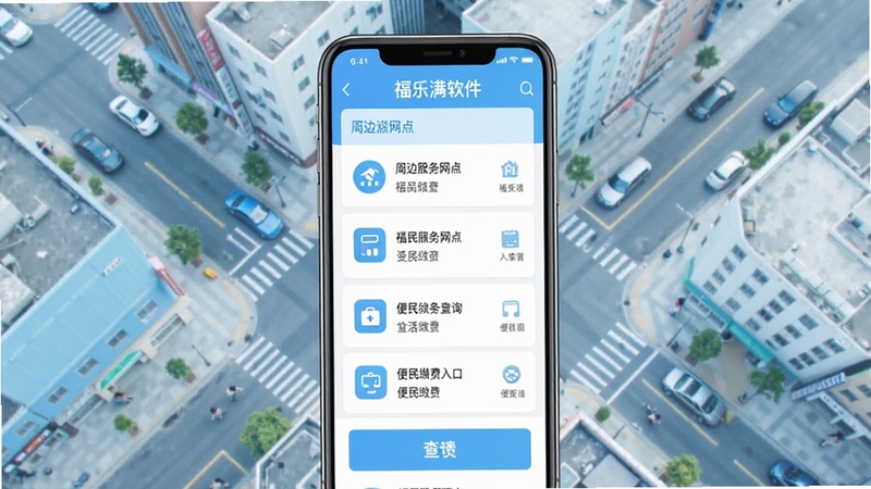 福乐满软件生活信息查询页面示意图,画面主体为手机界面展示周边服务网点列表与便民缴费入口,背景为城市街区俯视图,清新浅蓝色调,图标设计简洁明了,光线明亮自然,整体风格干净利落