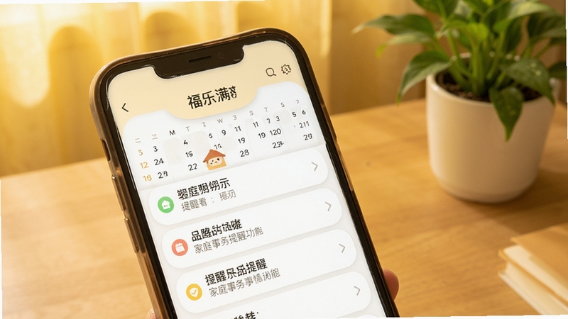 福乐满软件家庭事务提醒功能展示,画面为手机屏幕特写,屏幕内显示日历视图与提醒事项列表,背景为木质桌面与绿植点缀,暖黄色调,营造温馨居家氛围,UI设计圆润柔和,细节清晰