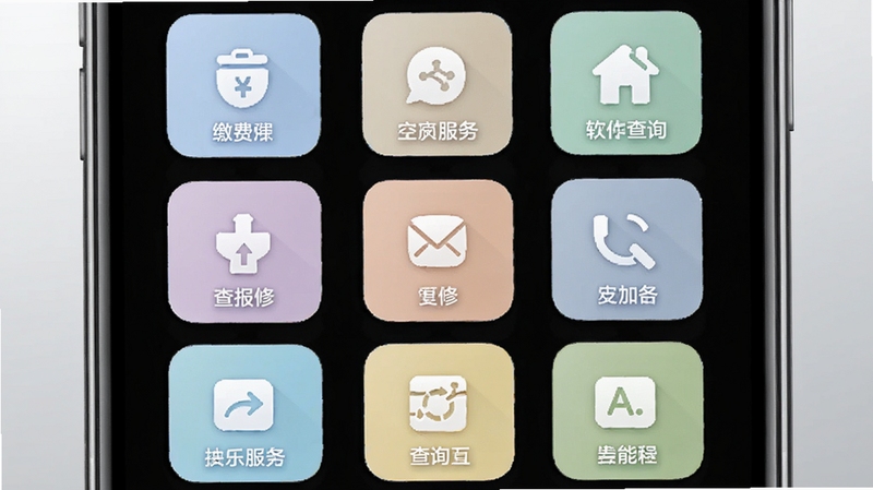 福乐满软件便民服务入口页面,画面展示手机屏幕内九宫格服务图标布局,包含缴费、报修、查询等入口,背景为淡灰色渐变,图标色彩柔和统一,整体排版整齐有序,适合作为功能介绍配图