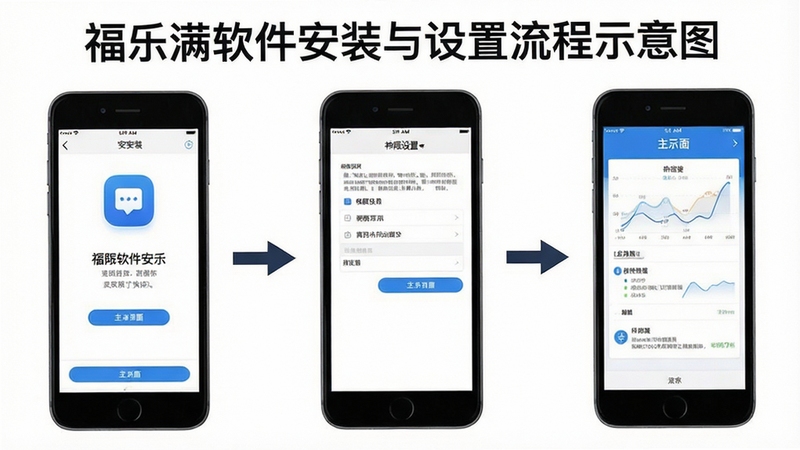 福乐满软件安装与设置流程示意图,画面以步骤图形式展示手机安装界面、权限设置页面、主界面依次排列,背景为纯白色,图标与文字清晰,风格简洁直观,适合作为教程配图