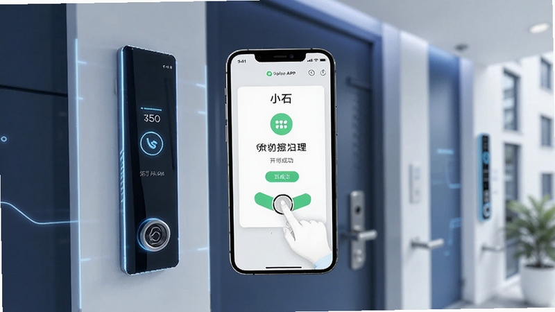 智慧社区手机开门场景图,画面中央一部智能手机屏幕显示小石开门APP的开门成功界面,背景是现代化的公寓单元门禁设备,蓝白科技感色调,光线明亮柔和,构图简洁突出手机主体