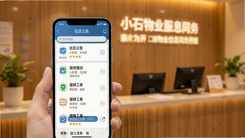 小石开门物业信息同步界面展示图,画面中手机屏幕显示社区公告列表和报修工单页面,背景是温馨的物业服务前台虚化场景,整体色调温暖,强调信息传达的便捷性