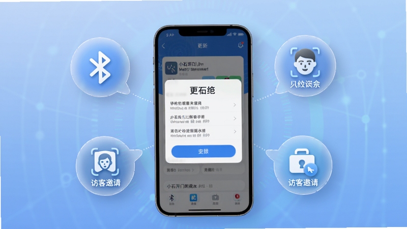 小石开门新版本功能亮点展示图,画面中心是一部手机显示APP更新日志弹窗,周围环绕着蓝牙、人脸识别、访客邀请的图标气泡,背景为柔和的渐变蓝色,体现科技更新感