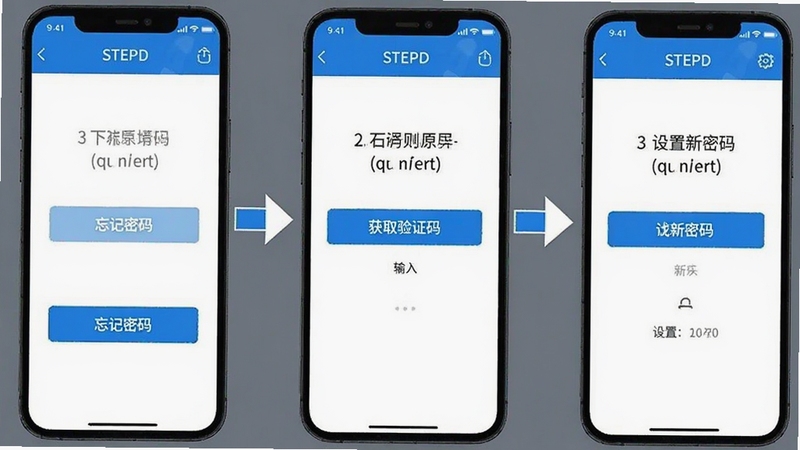小石开门密码找回流程图,画面以手机界面截图风格展示,从左到右依次为点击忘记密码、输入手机号获取验证码、设置新密码三个步骤,界面简洁,配色以蓝色和白色为主,带有箭头引导