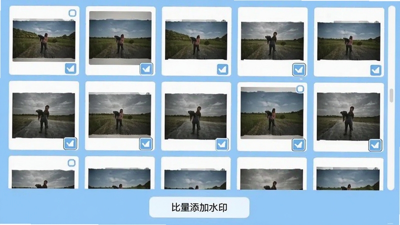 好修改水印相机批量处理界面,显示多张图片缩略图带勾选框,底部有批量添加水印按钮,背景为浅蓝色,界面布局清晰