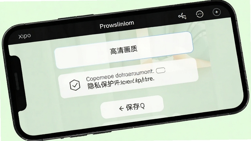 好修改水印相机保存设置界面,显示高清画质选项和隐私保护提示,手机屏幕内可见保存按钮,背景为淡绿色,整体清爽