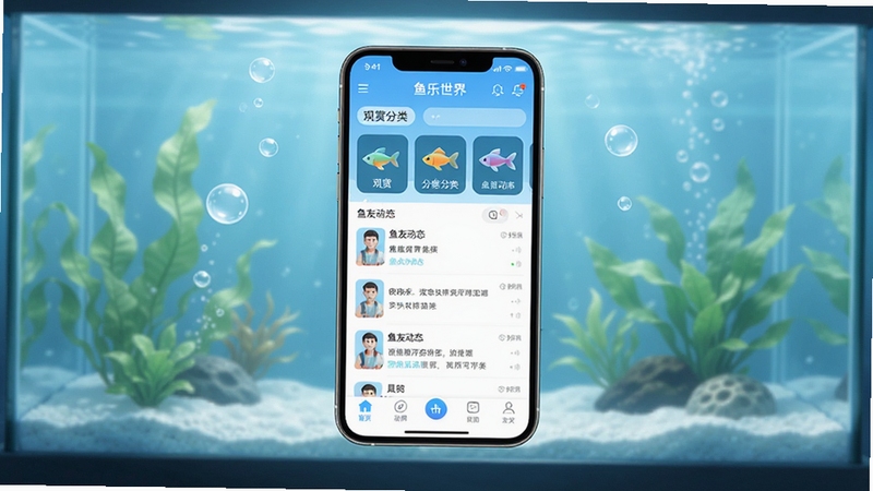 鱼乐世界应用主界面全景展示,画面中央放置一部智能手机,屏幕中显示鱼乐世界APP的首页,包含观赏鱼分类图标、鱼友动态列表和底部导航栏,背景区域为淡蓝色水族箱环境,有柔和的水草和气泡点缀,整体风格清新明亮,适配Boogu模型生成