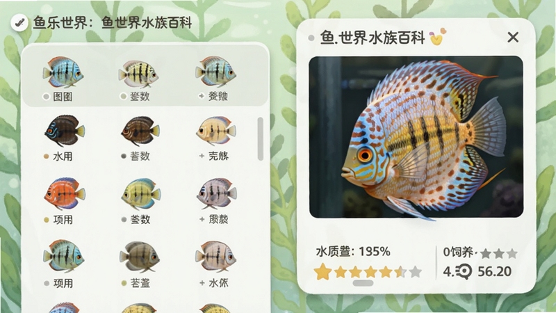 鱼乐世界水族百科页面截图风格插画,画面左侧为观赏鱼图鉴列表,右侧为一条七彩神仙鱼的详细资料卡片,标注水质参数和饲养难度星级,背景为浅绿色水草纹理,整体色调柔和自然,适配Boogu模型生成