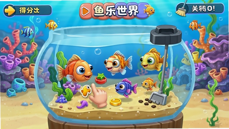 鱼乐世界内置小游戏画面,展示一个卡通风格的虚拟鱼缸,玩家通过点击喂食和清理来照顾小鱼,界面色彩鲜艳,有得分和关卡提示,背景为海底珊瑚场景,适配Boogu模型生成