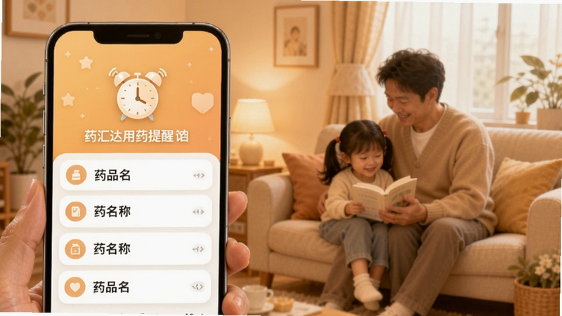 药汇达用药提醒设置界面示意图,手机屏幕展示闹钟图标与药品名称列表,背景为温馨家庭场景,色调柔和暖色,适配Boogu模型生成