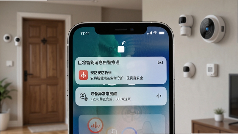 巨将智能消息告警推送界面,手机屏幕显示安防告警通知与设备异常提醒,画面主体为手机锁屏通知栏,背景区域为家庭门窗与安防传感器,整体氛围紧张但有序,突出巨将智能实时守护家庭安全的能力