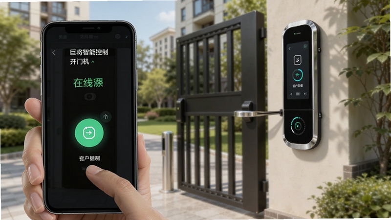 巨将智能远程控制开门机场景,手机屏幕显示开门按钮与设备在线状态,画面主体为手机界面特写,背景区域为小区大门与智能开门机设备,整体光线明亮,突出远程操控的便捷与科技感