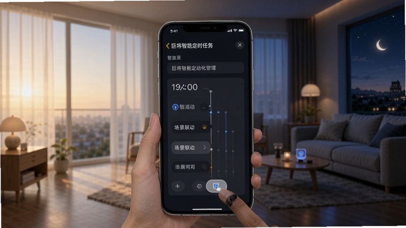 巨将智能定时任务设置界面,手机屏幕显示时间轴与场景联动选项,画面主体为手机操作界面,背景区域为清晨与夜晚交替的家居环境,突出巨将智能自动化管理的智能与高效