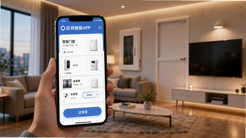 巨将智能APP首页界面展示,手机屏幕中呈现智能门窗设备列表与远程控制按钮,整体风格科技简洁,背景为现代家居客厅场景,画面主体为手持手机的用户,背景区域为智能门窗设备与温暖灯光,突出巨将智能品牌标识与操作便捷性