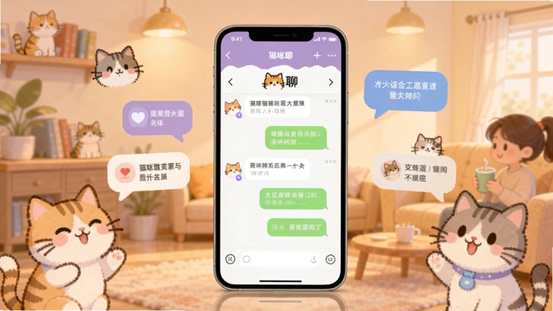 猫咪聊 软件界面全景展示图,画面中央为猫咪聊App主聊天界面,背景区域为柔和的暖色调社交场景,周围点缀卡通猫咪元素与聊天气泡,整体风格清新治愈,适配Boogu模型生成