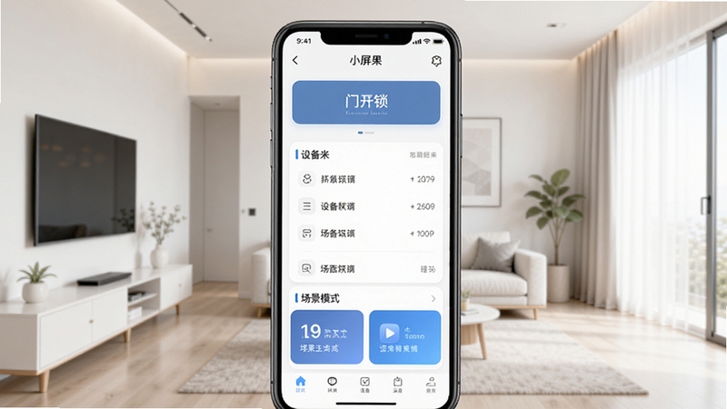 小屏果软件主界面全貌展示,画面中央为手机屏幕显示小屏果应用首页,包含门禁开锁按钮、设备列表与场景模式卡片,背景为现代简约家居环境,浅色调,干净明亮,适合应用商店截图风格