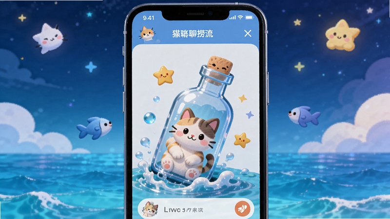 猫咪聊 漂流瓶功能界面图,画面主体为手机屏幕中显示的猫咪聊漂流瓶捞取动画,背景区域为海洋与星空元素,瓶身带有猫咪图案,整体氛围轻松有趣