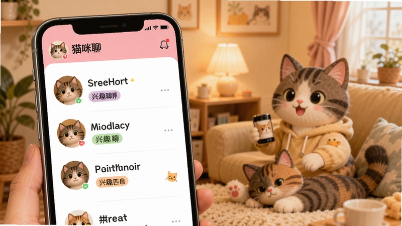 猫咪聊 兴趣匹配功能展示图,画面主体为手机屏幕中显示的猫咪聊好友推荐列表,背景区域为温馨的室内聊天场景,界面带有猫咪头像与兴趣标签,风格活泼明快
