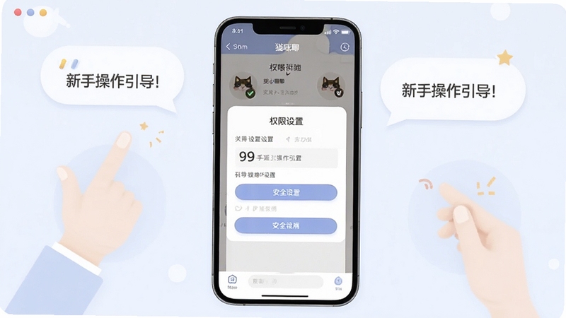 猫咪聊 新手操作引导图,画面主体为手机屏幕显示猫咪聊的权限设置页面,背景区域为简洁的引导手势与提示气泡,整体色调柔和,突出安全设置步骤