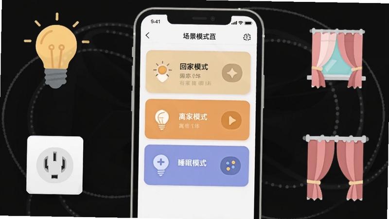 小屏果场景联动功能示意图,画面展示手机屏幕上的场景模式设置界面,包含回家模式、离家模式、睡眠模式等卡片,周围环绕智能灯泡、插座、窗帘等设备图标,扁平化设计风格