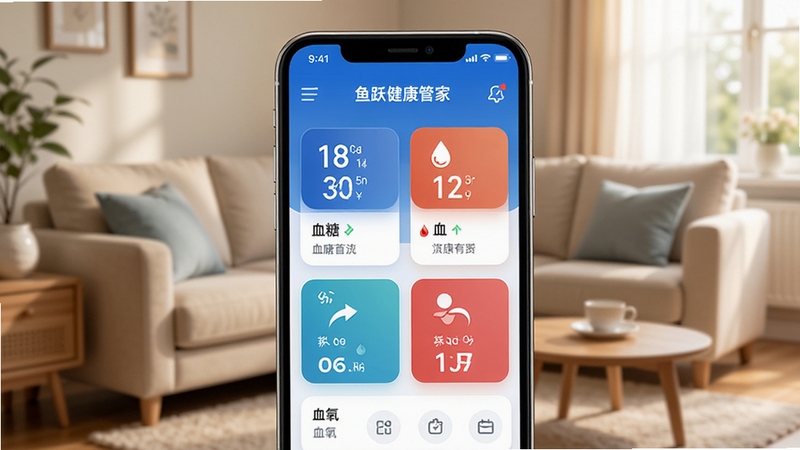 鱼跃健康管家应用主界面展示,画面中央为手机屏幕显示健康数据仪表盘,包含血压、血糖、血氧等指标卡片,背景为温馨家庭客厅场景,柔和自然光线,扁平化UI设计风格,科技感与亲和力并存,高清细节,蓝色主色调