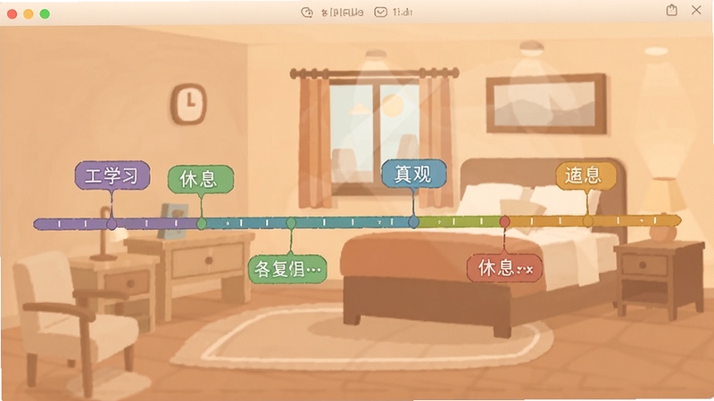 时间旅馆软件界面中一条彩色时间轴贯穿屏幕,不同颜色标签标注工作学习休息,背景是简约的旅馆房间插画风格,柔和暖色调,扁平化设计