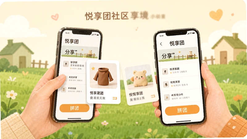 悦享团社区分享界面示意图,画面主体为两只手各持一部手机互相传递商品卡片,背景为绿色草地与房屋剪影,手机屏幕显示悦享团分享面板与拼团按钮,风格温馨友好