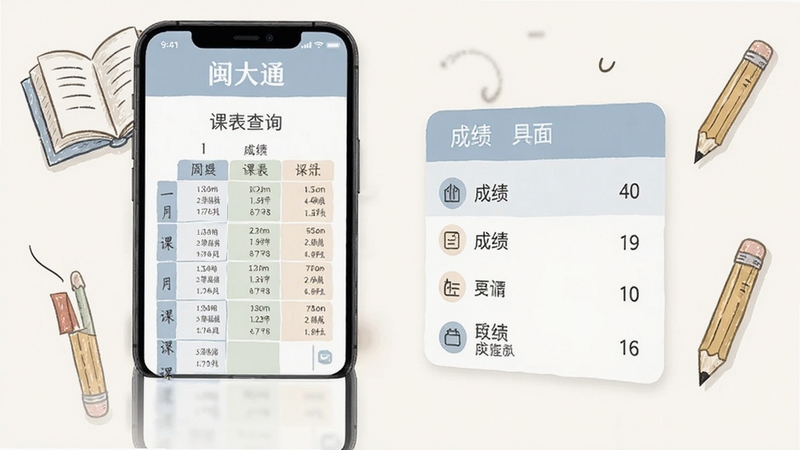闽大通 课表查询 成绩页面展示,手机屏幕显示周课表网格与成绩列表,配色柔和,背景有书本和铅笔的简笔插画,风格学术清新