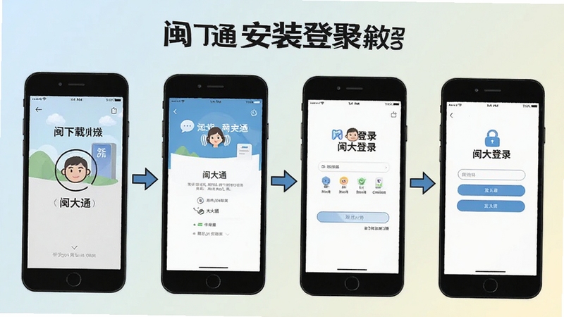 闽大通 安装步骤 手机操作示意图,画面展示从下载到登录的四个手机界面,配有箭头引导,背景为浅色渐变,风格扁平化教程风