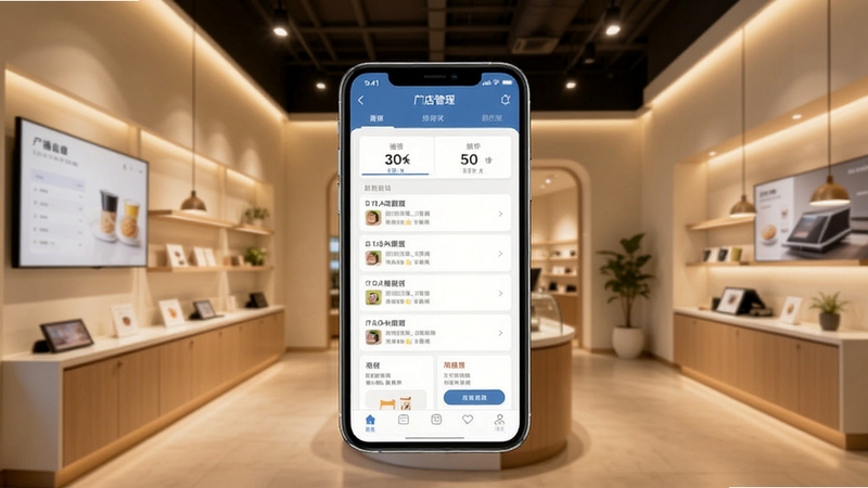 手机屏幕显示播店门店信息管理界面,背景是简洁的现代商铺内景,暖色调灯光,画面干净清晰