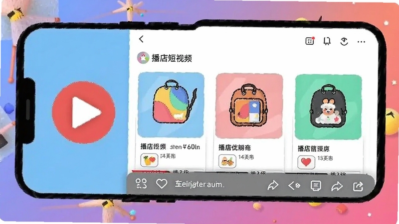 播店短视频发布页面手机截图风格插画,画面中有播放按钮和店铺商品展示,色彩明快