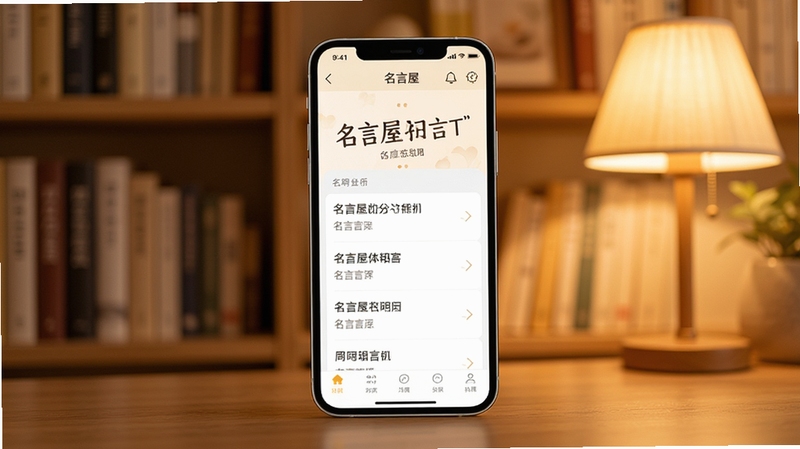 名言屋应用主界面展示,画面中央摆放一部智能手机,屏幕显示名言屋软件的名言列表页面,背景为柔和的书架与暖色灯光,整体色调温暖舒适,适合软件下载站配图风格
