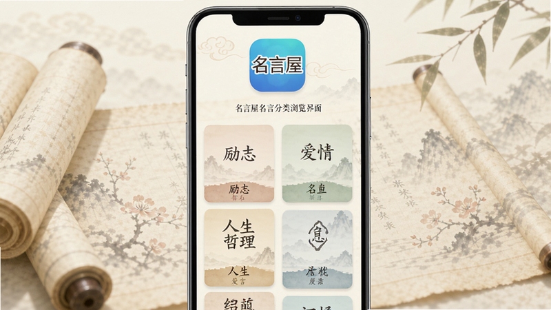 名言屋名言分类浏览界面,手机屏幕展示多个名言分类卡片,包括励志、爱情、人生哲理等标签,背景为淡雅的书卷气息,画面上方有名言屋应用图标,整体风格清新简约