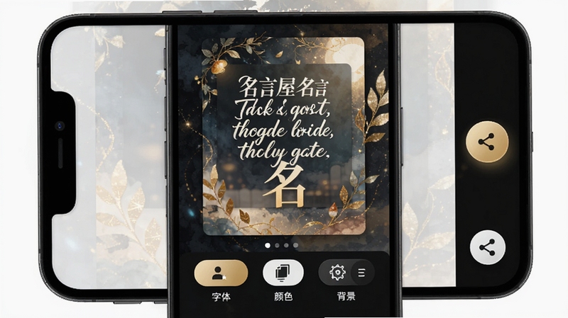 名言屋名言卡片制作界面,手机屏幕展示一张带有精美背景的名言卡片,下方有字体、颜色、背景等编辑选项,画面右侧有分享按钮,整体设计感强,突出创作辅助功能