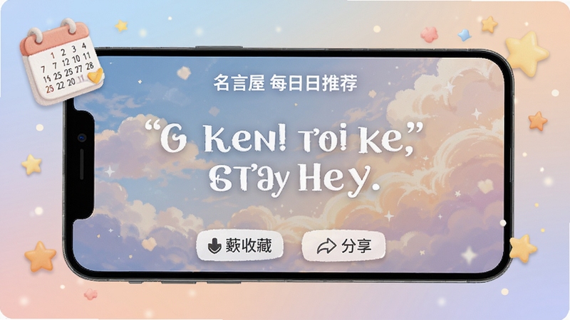 名言屋每日推荐页面,手机屏幕显示一条励志名言配精美背景图,下方有收藏和分享按钮,画面周围点缀日历和星星元素,突出每日推荐功能,背景为柔和的渐变色调