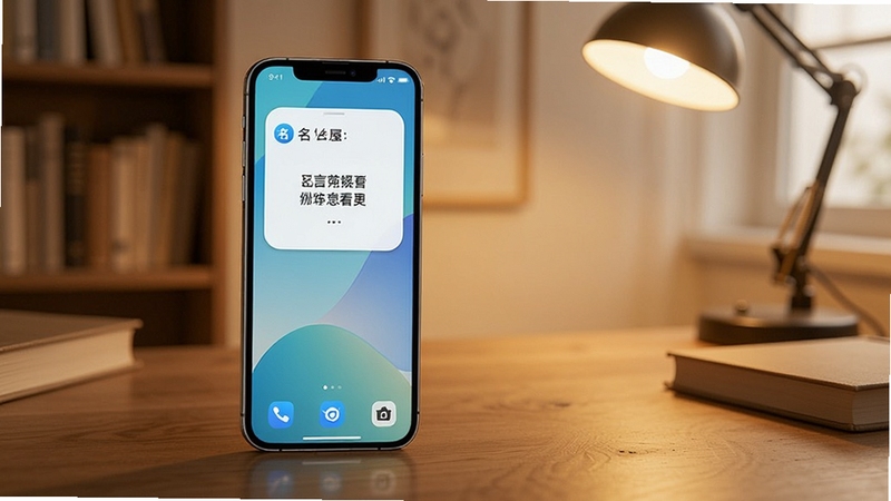 名言屋手机桌面小组件展示,一部手机放置在木质桌面上,屏幕显示名言屋的每日名言小组件,背景为温馨的书房环境,突出便捷查看功能