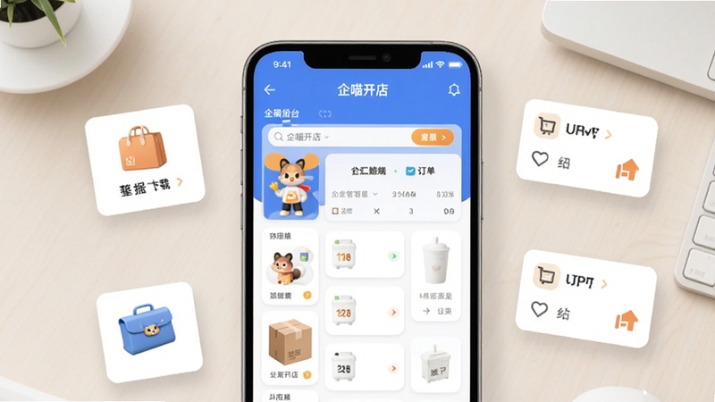 企喵开店 移动端开店管理工具 界面全貌展示 画面主体为一部智能手机屏幕显示店铺管理后台 背景为简洁的浅色办公桌面 手机周围环绕商品卡片与订单图标 整体风格清爽现代 适合软件下载站配图