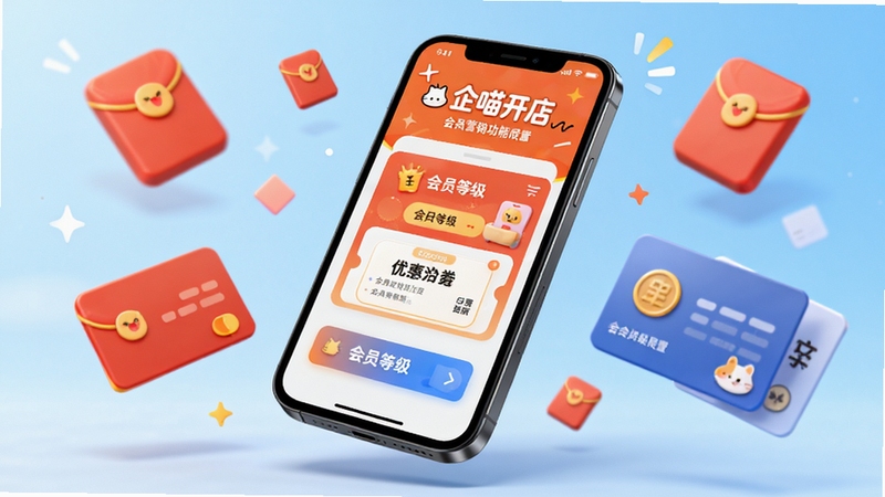 企喵开店 会员营销功能展示 手机屏幕显示优惠券与会员等级设置页面 画面主体为手机悬浮在浅蓝色渐变背景中 周围环绕红包图标与会员卡元素 整体风格活泼明快