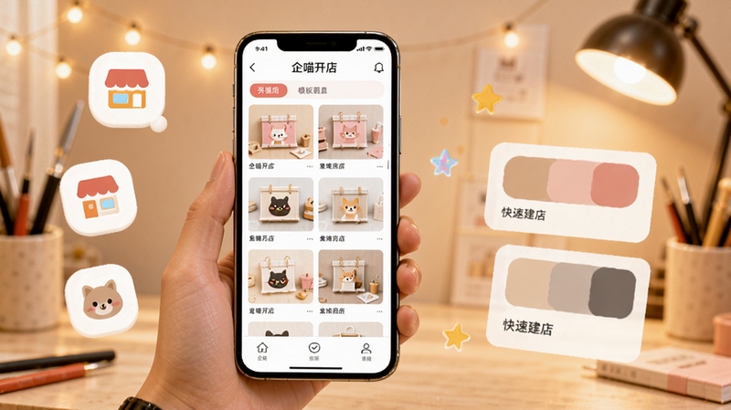 企喵开店 店铺搭建界面 手机屏幕显示模板选择页面 画面主体为手持手机展示店铺装修模板列表 背景为柔和的暖色调工作室 周围点缀店铺图标与配色卡片 突出快速建店功能